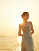 海天之际的鎏金时光：梁洁一袭露背长裙邂逅晨昏的诗意